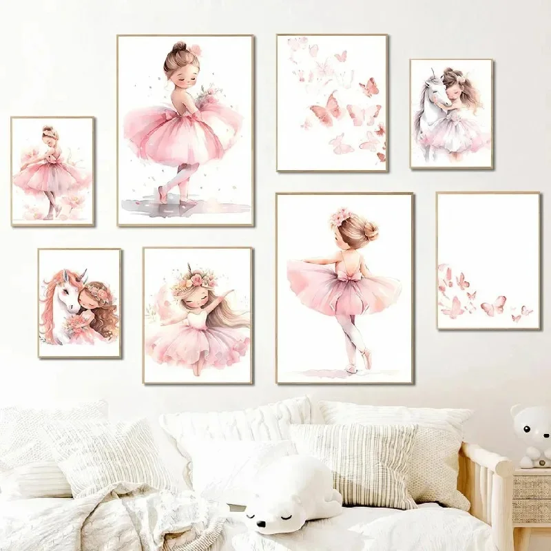 Baby Nursery Decor Girl - Roze Ballerina Meisje Eenhoorn Vlinder Poster