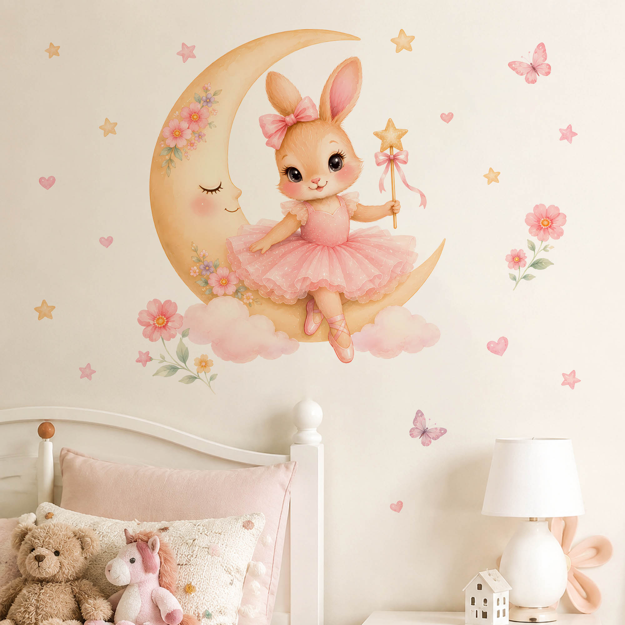 Baby Nursery Decor Girl - Waterverf Ballerina Konijn Maan Wandstickers Roze